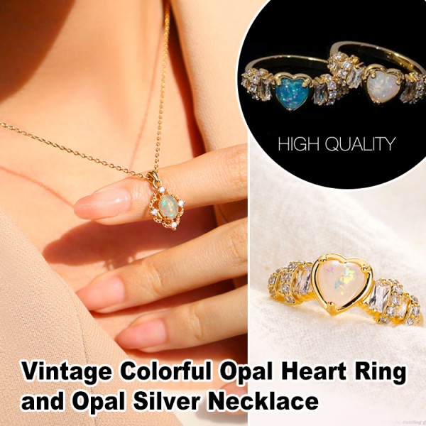 Vintage Colorful Opal Heart Ring and Opa..