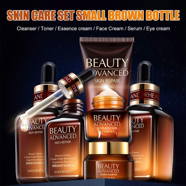Skin Care Set Small Brown Bottle - Face Toner Essence Eye Cream Lotion Anti-Aging Retinol Serum Facial Cleanser 